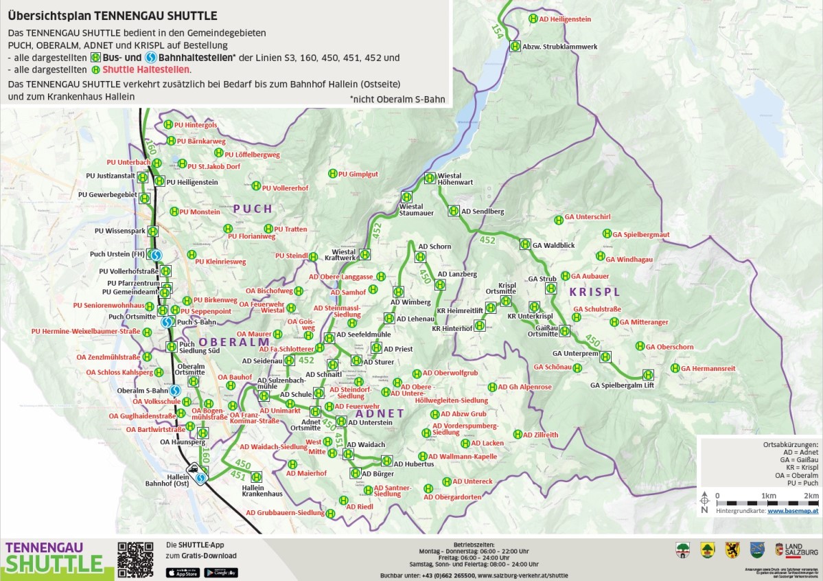 Übersichtsplan Tennengau Shuttle Haltestellen - Foto: Salzburger Verkehrsverbund