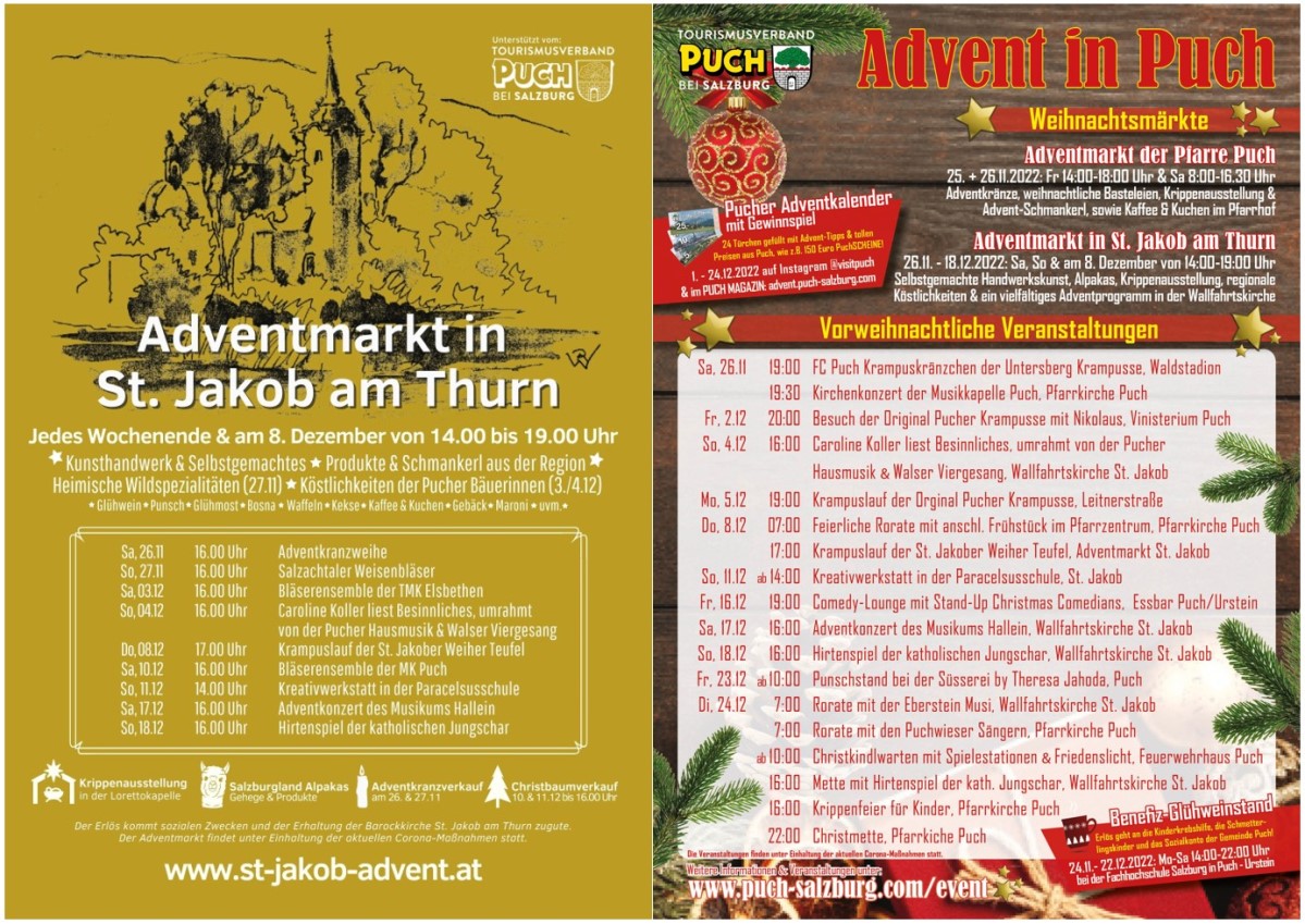 Adventveranstaltungen in Puch und Adventmarkt in St. Jakob am Thurn